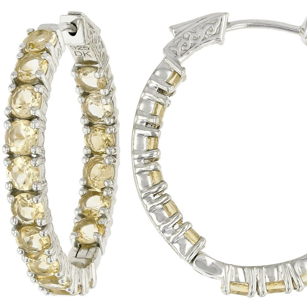 Sterling Silver Hoop Earrings with Citrine Stones - Yellow